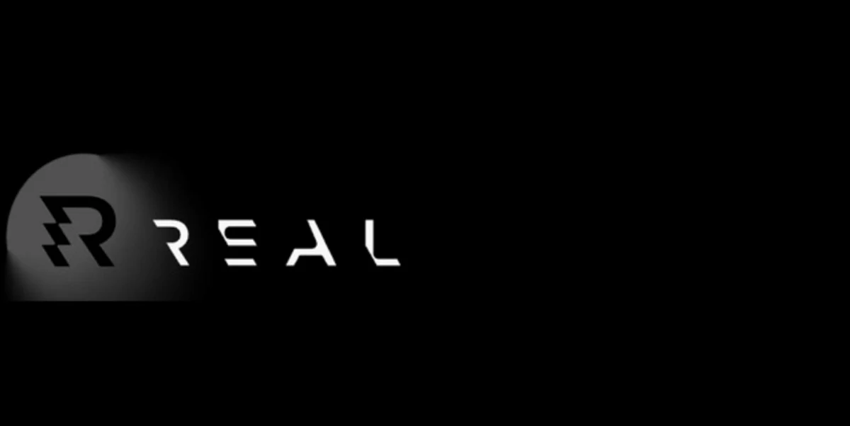 REAL logo and wordmark on a black background.